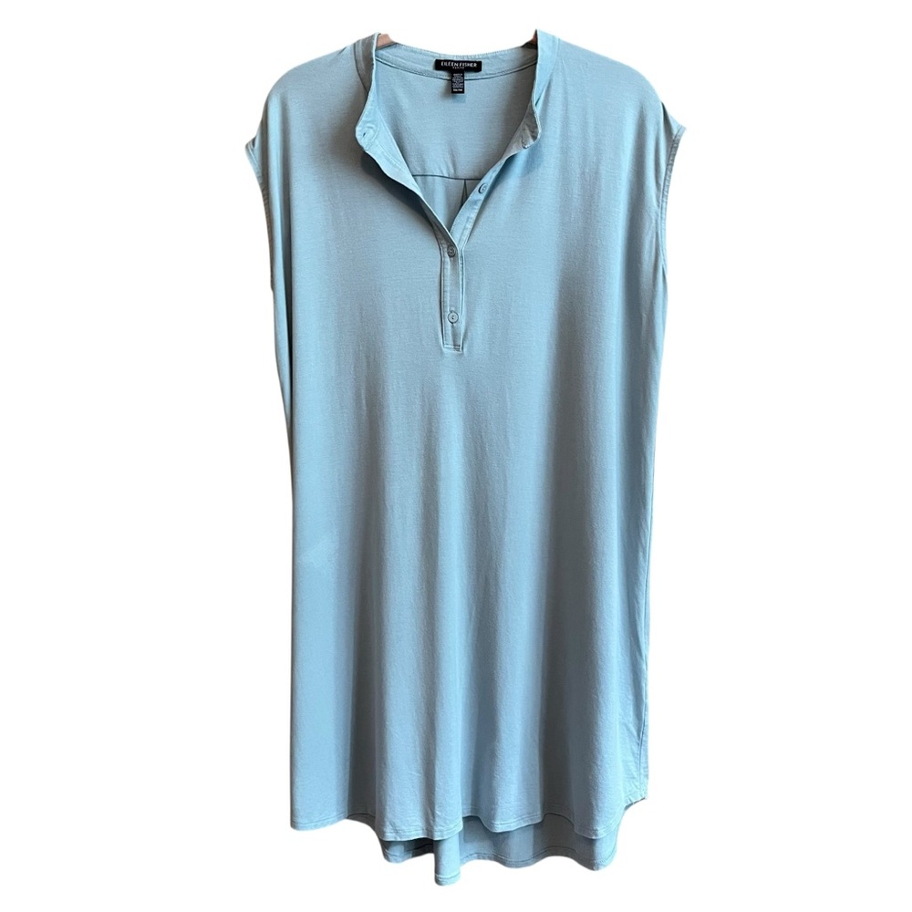 Eileen Fisher Stretch Jersey Henley Shift Dress Mandarin Collar Made in USA